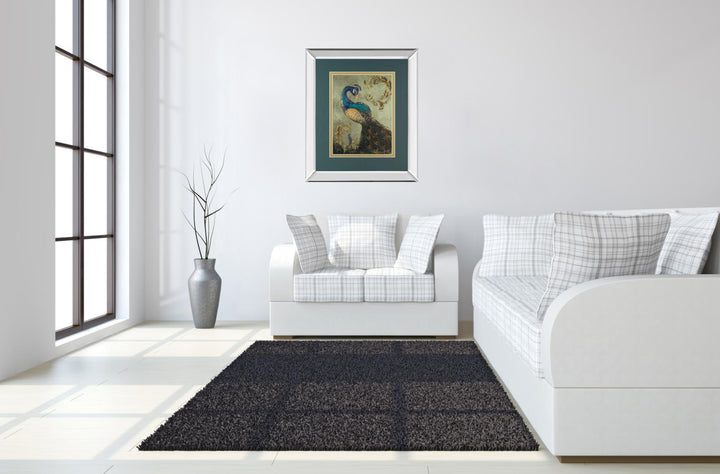 34x40 Peacock On Sage Il By Tiffany Hakimipour - Mirror Framed Print Wall Art - Blue