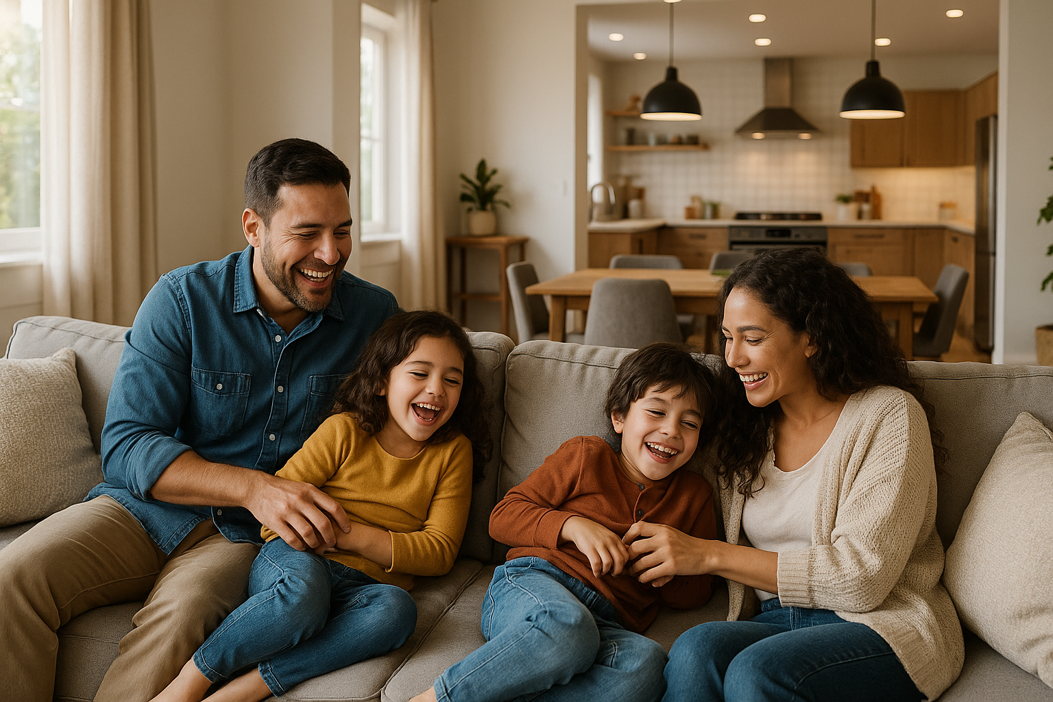 Family having fun in the Livingroom showing both the sectional and a dining set in the kitchen the background