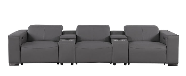 1208 - Leather Sofa With 3 Power Recliners And Two Storage Consoles