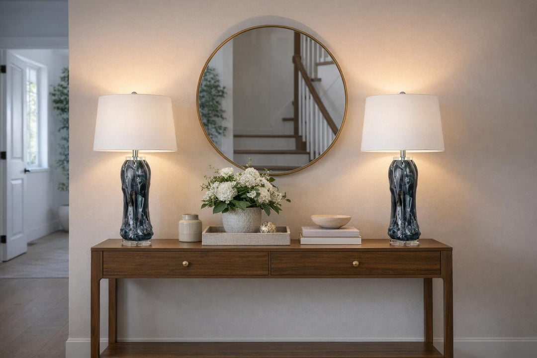 Tidal Elegance Art Glass &amp; Crystal Table Lamp (Set of 2) - Deep Sea Swirl / Clear Crystal