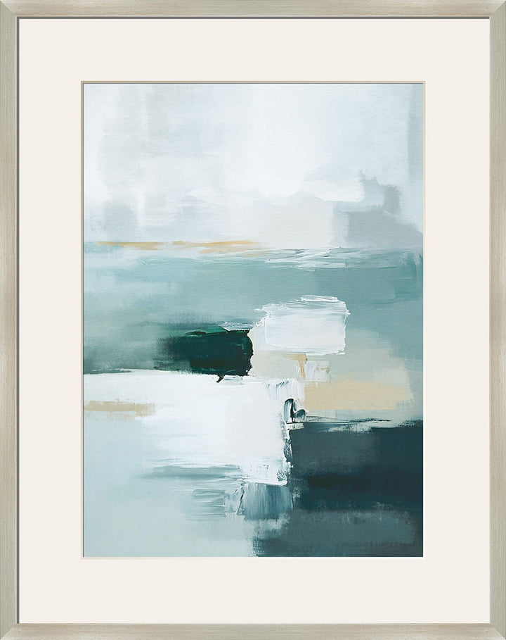 "Tranquil Horizons II" Framed Canvas Under Acrylic - Teal / Gray / Ivory