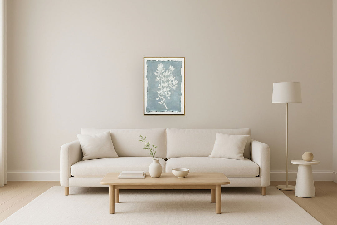 "Whispering Blooms II" Hand-Embellished Canvas In Frame - Blue / White / Wood