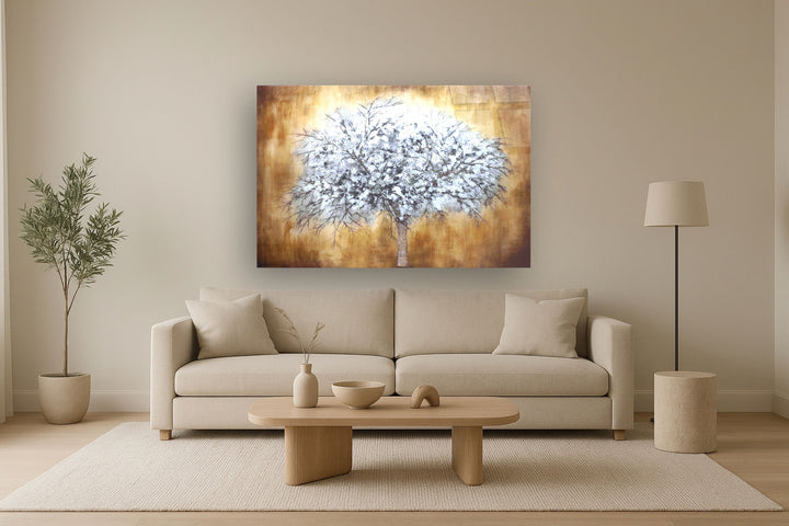 Temp Glass With Foil &amp; Rhinestones - Abstract Tree - Light Brown