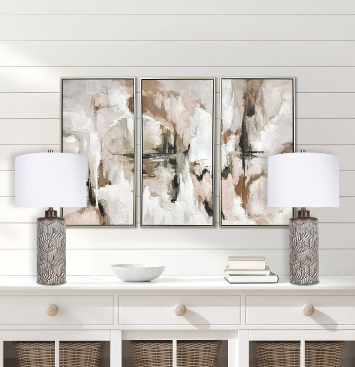 "Geometric Harmony" Ceramic Table Lamp (Set of 2) - Brown / White