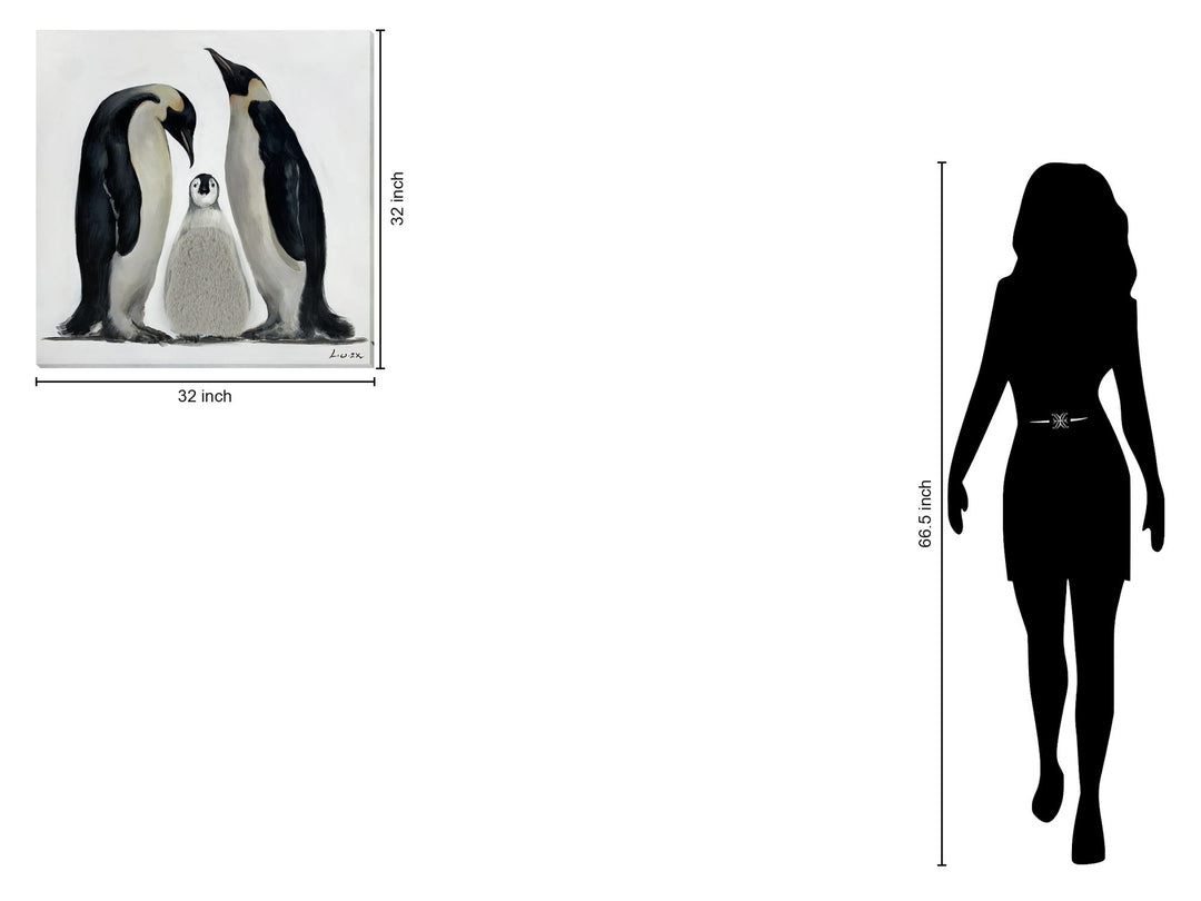 Penguin Family Hand-Embellished Wrapped Canvas With Fabric - Black / Ivory