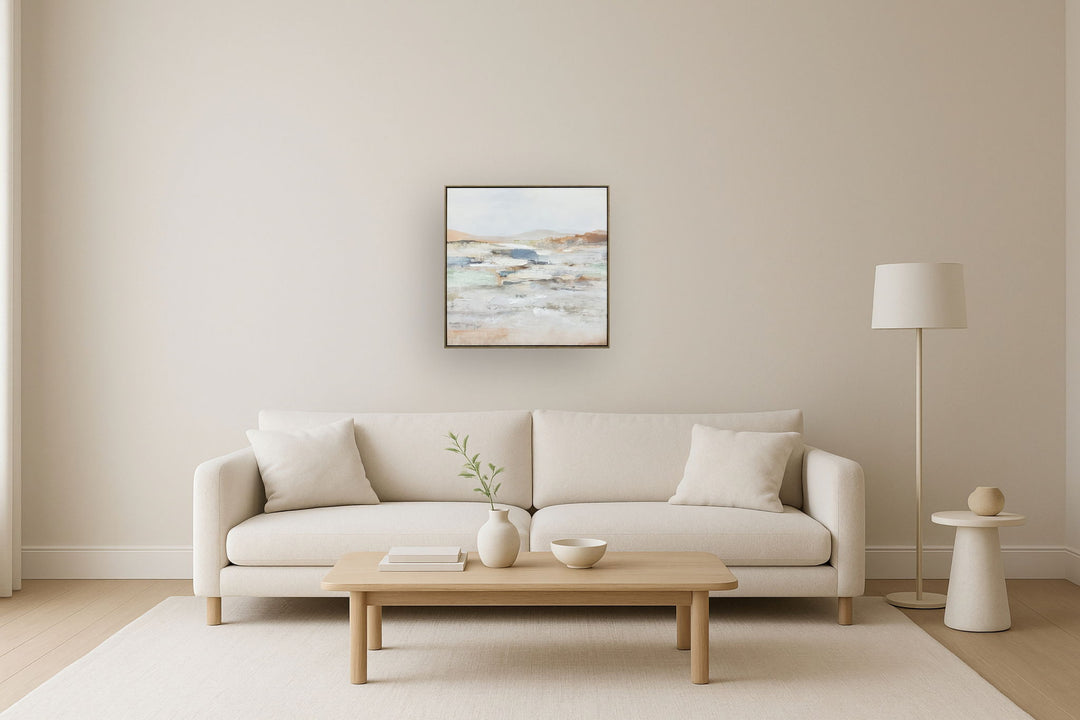 "Serene Horizons I" Hand-Embellished Canvas In Frame - White / Orange / Blue