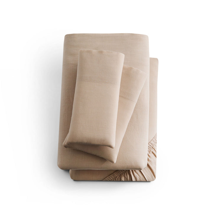 Linen-Weave Cotton Queen Sheet Set - Sand