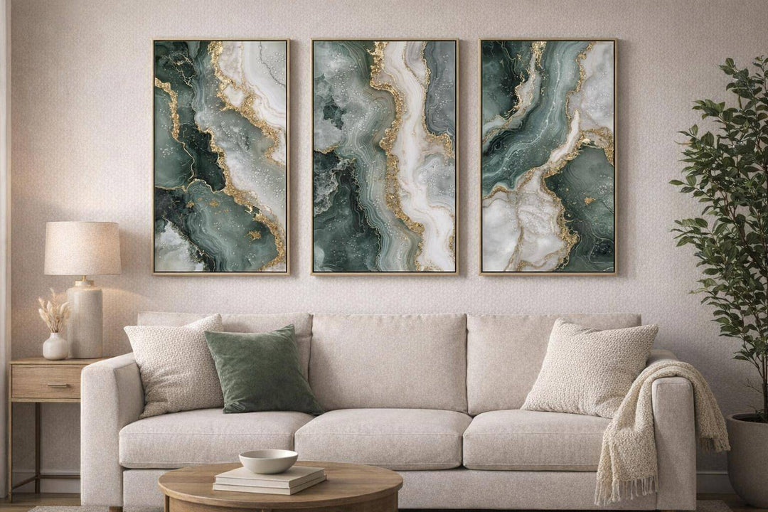 Jade Veining Hand-Embellished Canvas With Rocks &amp; Foil In Frame (Set of 3) - Emerald / Sage