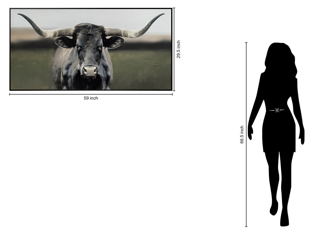 "Majestic Longhorn" Hand-Embellished Canvas In Frame - Gray / White / Green