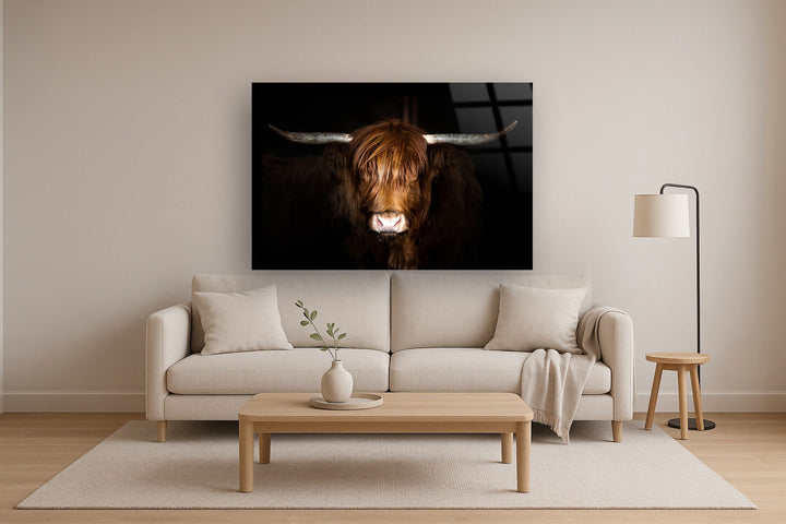 Tempered Glass With Foil Highland Cow on Black - Dark Brown