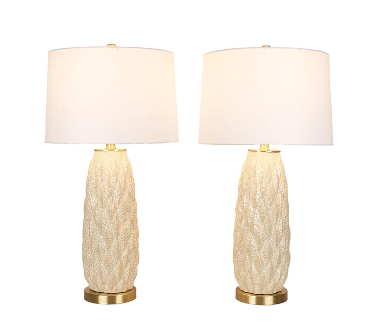 Textured Leaves Carved Ceramic &amp; Metal Table Lamp (Set of 2) - Beige / Soft Gold