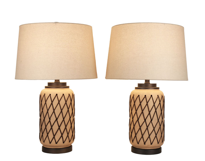 Diamond Weave Ceramic, PU Leather &amp; Metal Table Lamp (Set of 2) - Terra