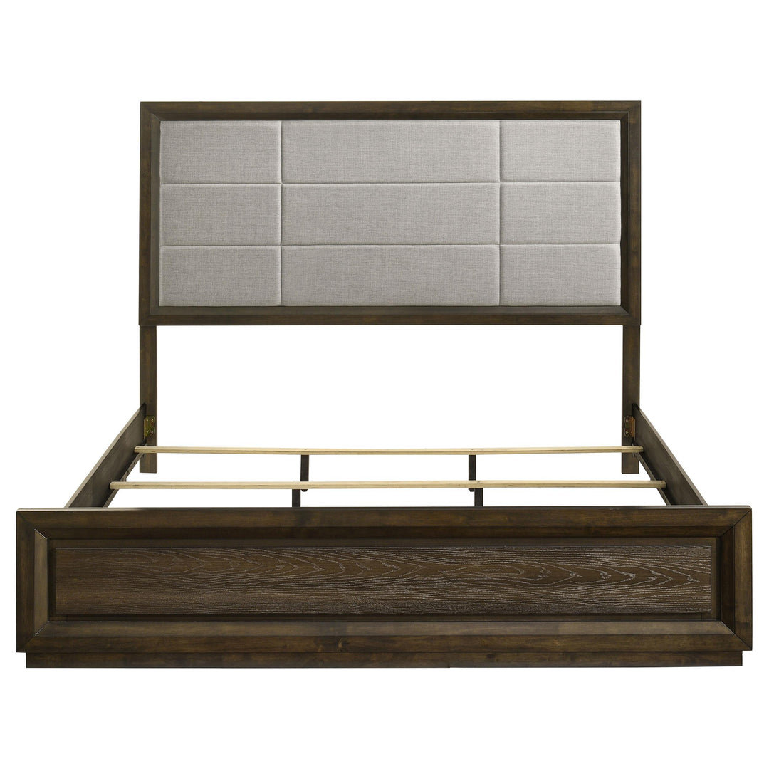 Atlas 63-inch California King Upholstered Panel Bed Grey and Dark Oak