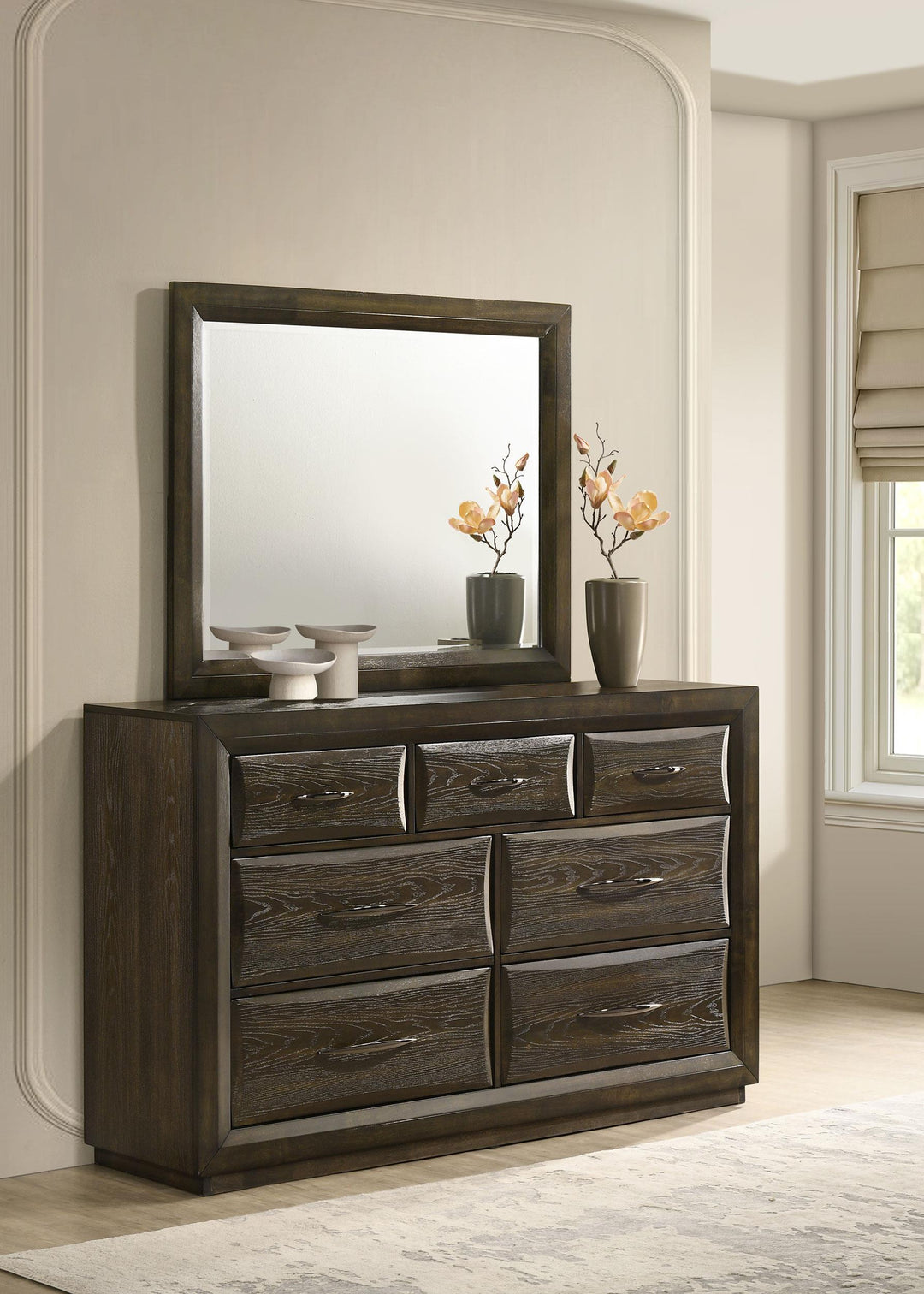 Atlas 7-drawer Bedroom Dresser and Mirror Set Dark Oak