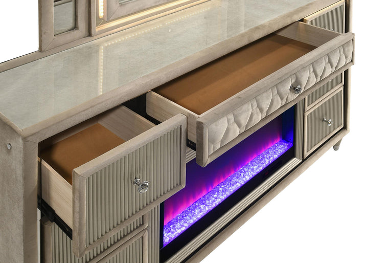 Lorient 8-drawer LED Bedroom Flame Box Dresser Ivory Camel