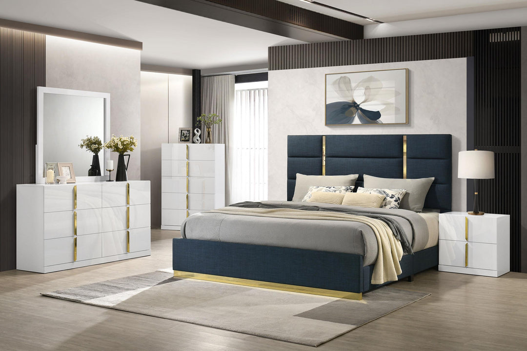 Ines 56-inch Fabric Upholstered Eastern King Panel Bed Navy