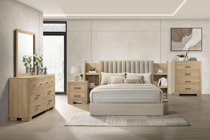 Arielle Eastern King Bookcase Panel Storage Bed Light Oak