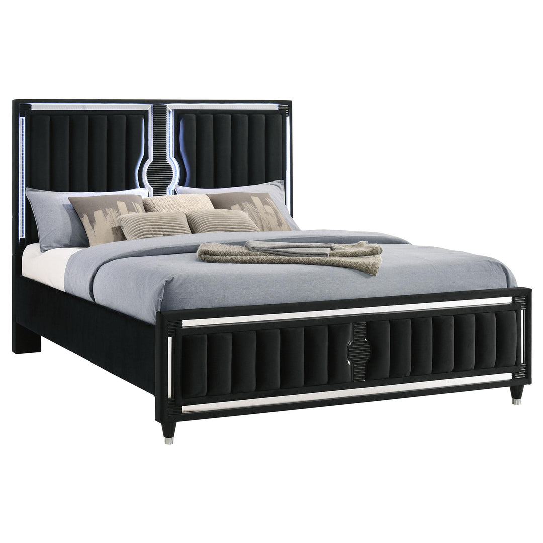Ravenne Velvet Upholstered Eastern King LED Panel Bed Black