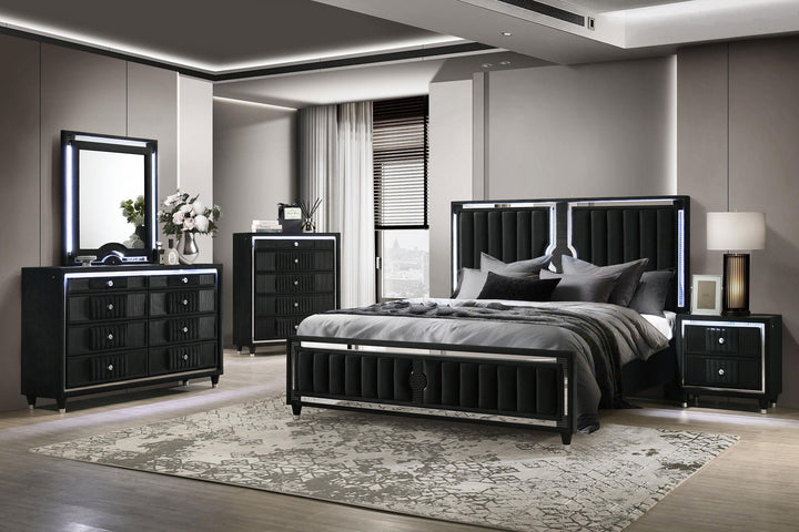 Ravenne Velvet Upholstered Eastern King LED Panel Bed Black