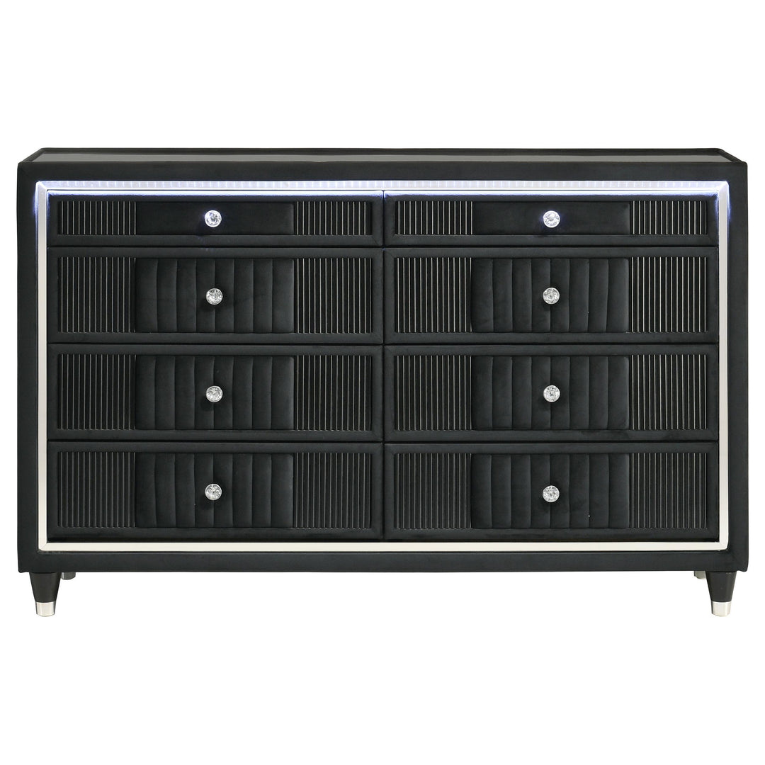 Ravenne 8-drawer Velvet Upholstered LED Dresser Cabinet Black