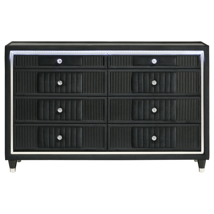 Ravenne 8-drawer Velvet Upholstered LED Dresser Cabinet Black