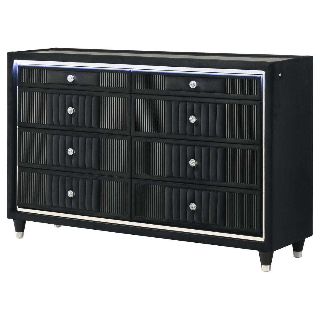 Ravenne 8-drawer Velvet Upholstered LED Dresser Cabinet Black