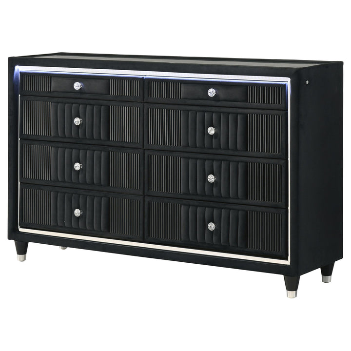 Ravenne 8-drawer Velvet Upholstered LED Dresser Cabinet Black