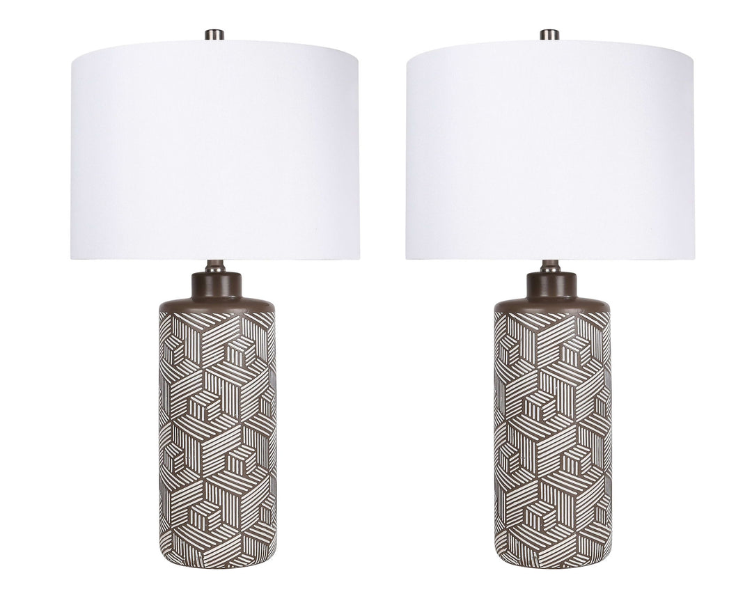 "Geometric Harmony" Ceramic Table Lamp (Set of 2) - Brown / White