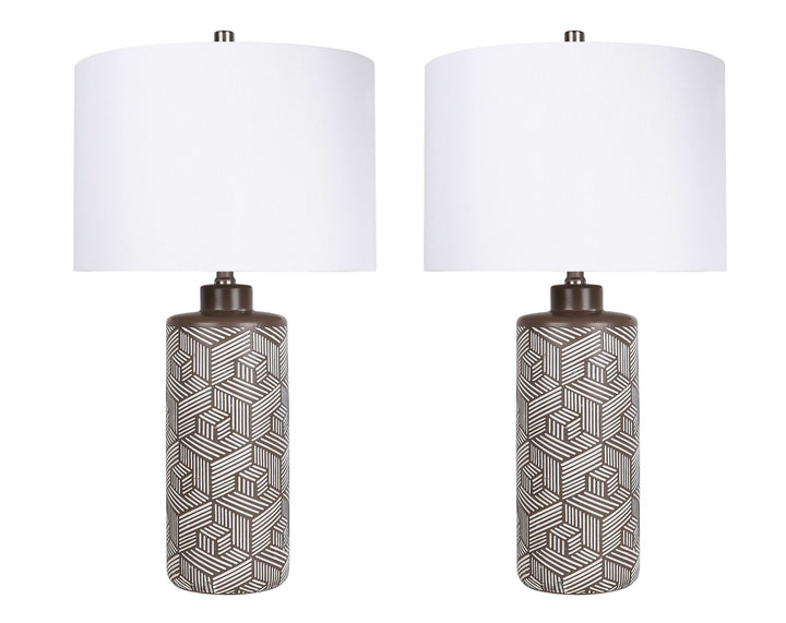 "Geometric Harmony" Ceramic Table Lamp (Set of 2) - Brown / White