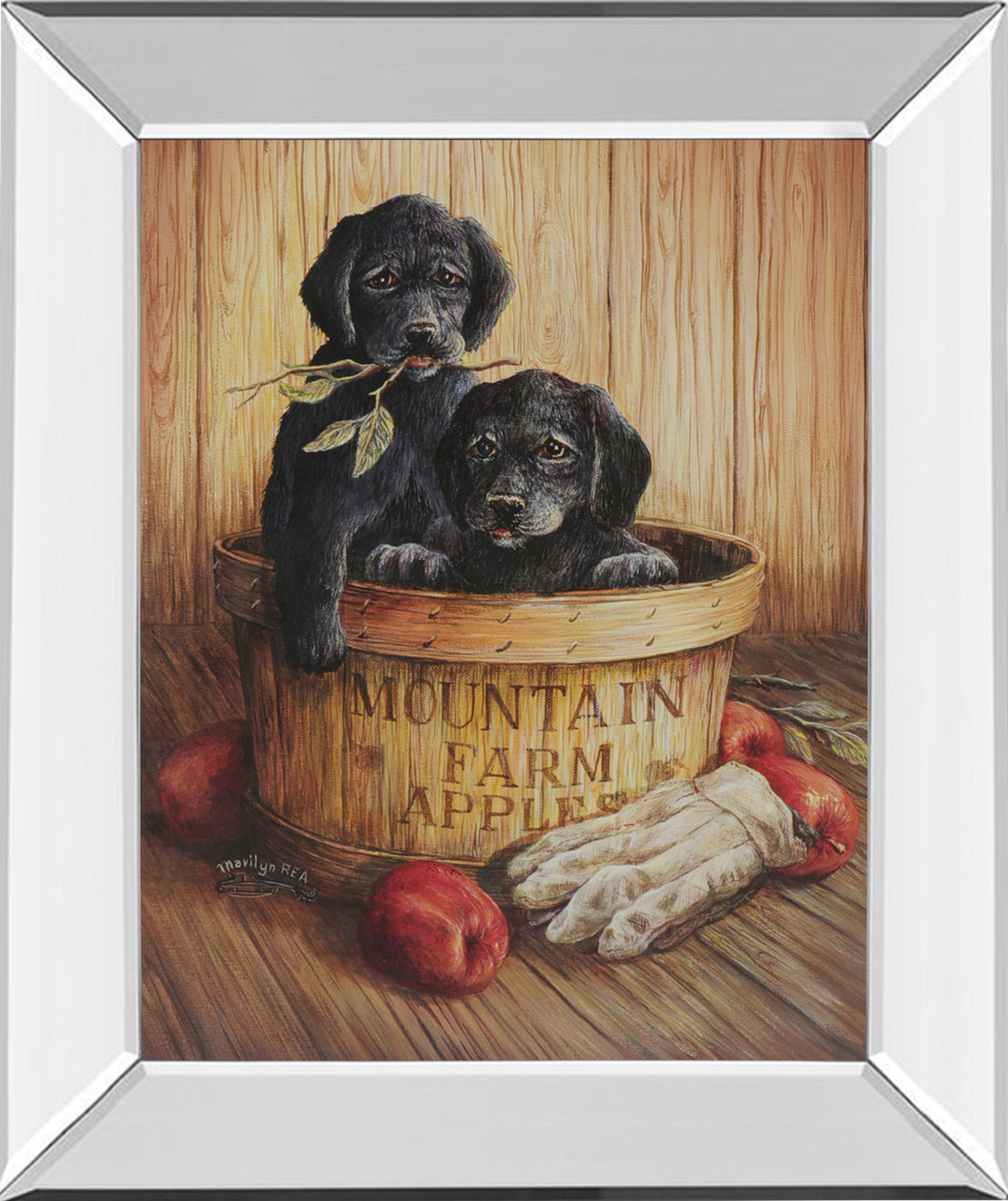 Black Labs - Mirror Framed Print Wall Art - Dark Brown