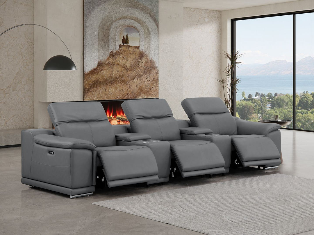 2679 - Genuine Leather Sofa With 3 Power Recliners &amp; Dual Storage Consoles