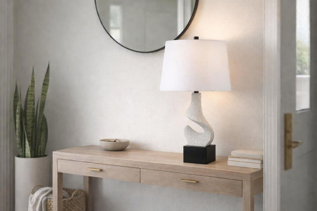 Sculpted Waves Resin &amp; Metal Table Lamp (Set of 2) - White Stone / Matte Black