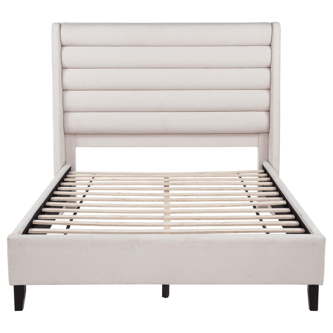 Leslie Upholstered Tufted Queen Wingback Platform Bed Beige