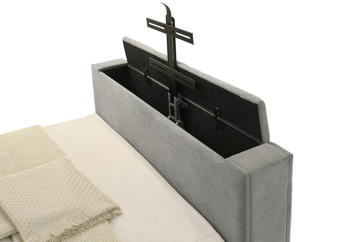Tara 61-inch Upholstered Eastern King Panel TV Bed Grey