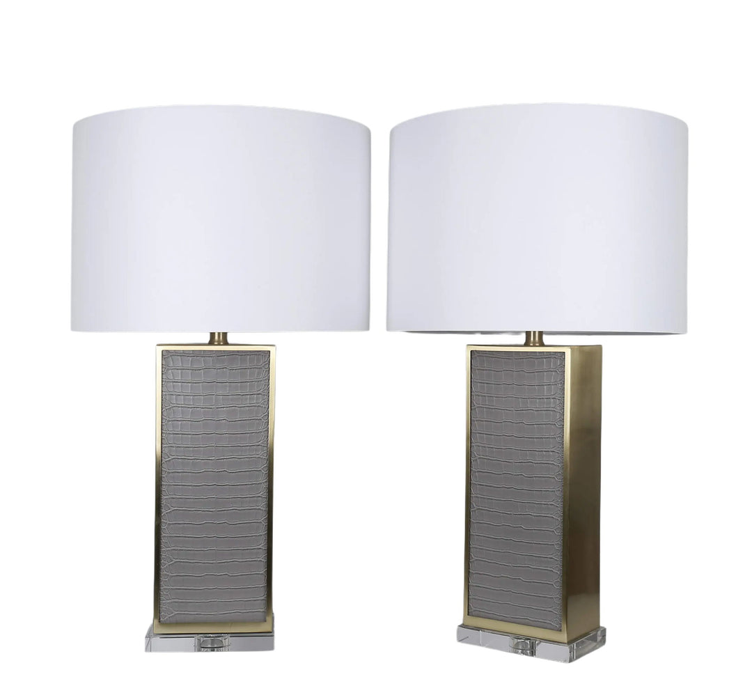 Gator Luxe PU Alligator Leather, Crystal &amp; Metal Table Lamp (Set of 2) - Gray Gator Pu / Soft Gold