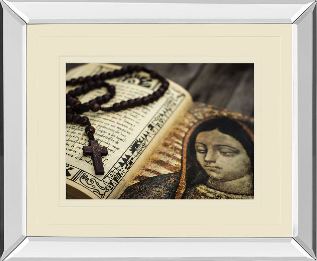 Rosary In Bible By Kbuntu - Mirror Framed Print Wall Art - Dark Brown