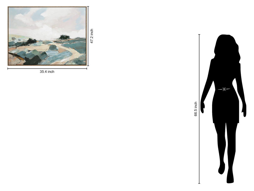 "Tranquil Pathway" Hand-Embellished Canvas In Frame - Beige / Blue / Green