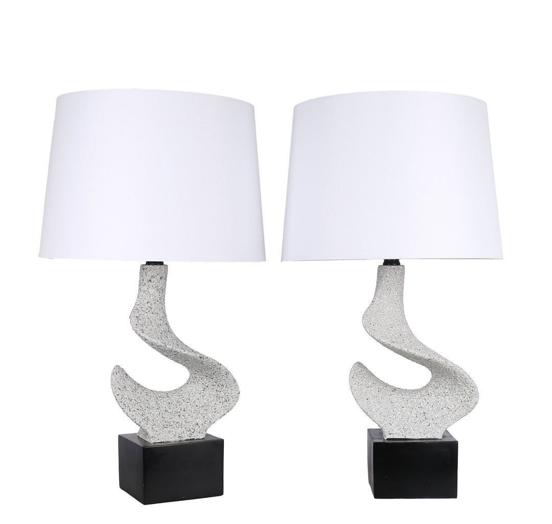 Sculpted Waves Resin &amp; Metal Table Lamp (Set of 2) - White Stone / Matte Black