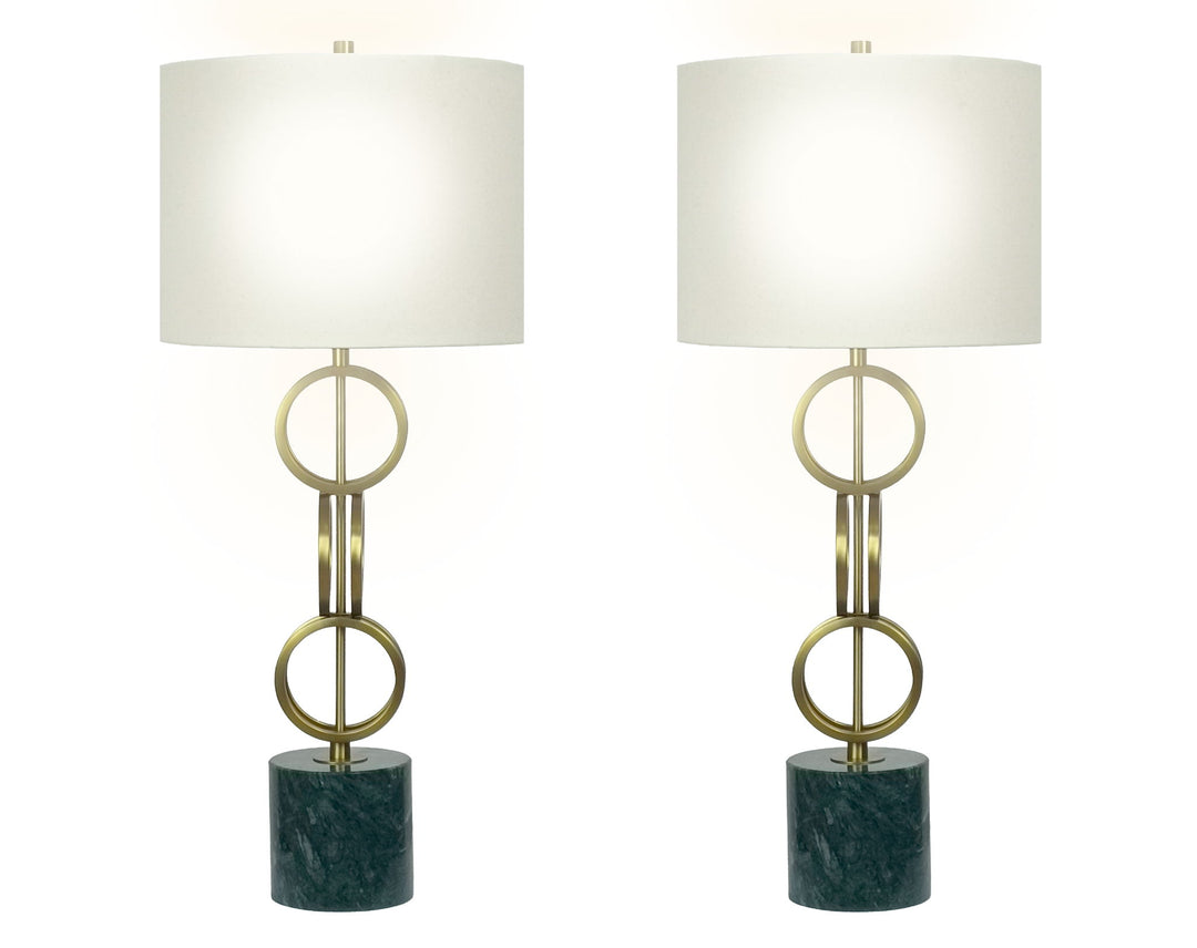 "Marble Harmony" Metal Table Lamp On Marble Base (Set of 2) - Green Marble / Matte Golden Bronze