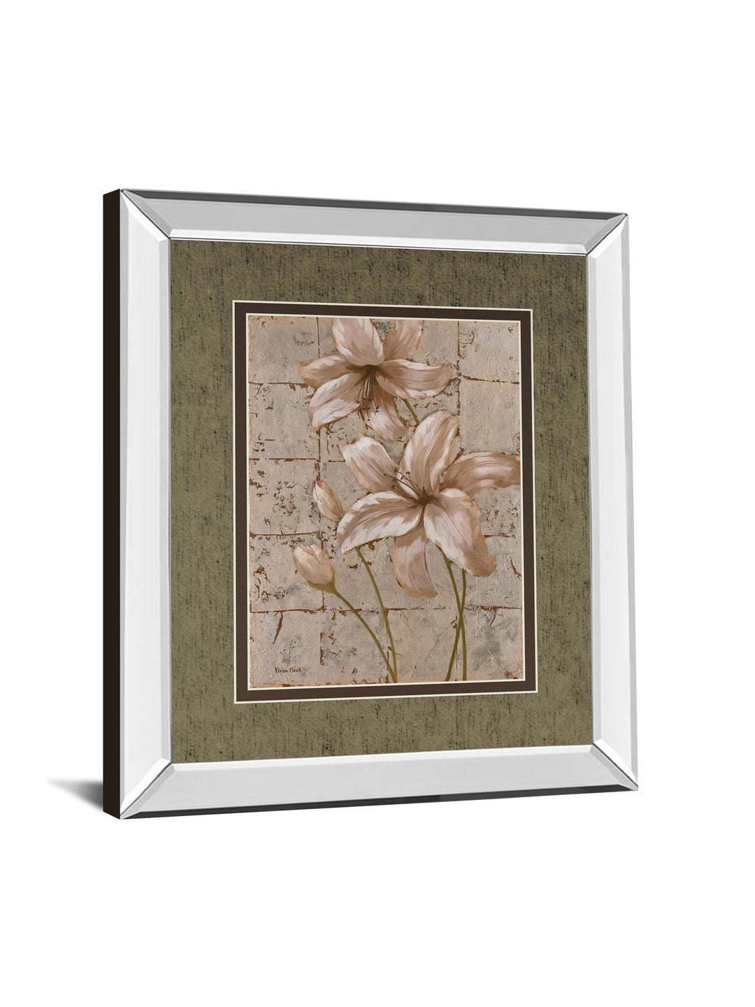 Lilies On Silver Il By Vivian Flasch - Mirror Framed Print Wall Art - Light Brown