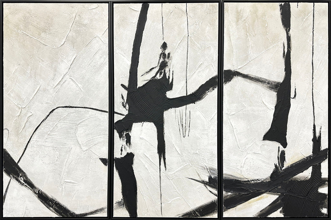 "Abstract Harmony" Hand-Painted Canvas Triptych In Frame - Black / White