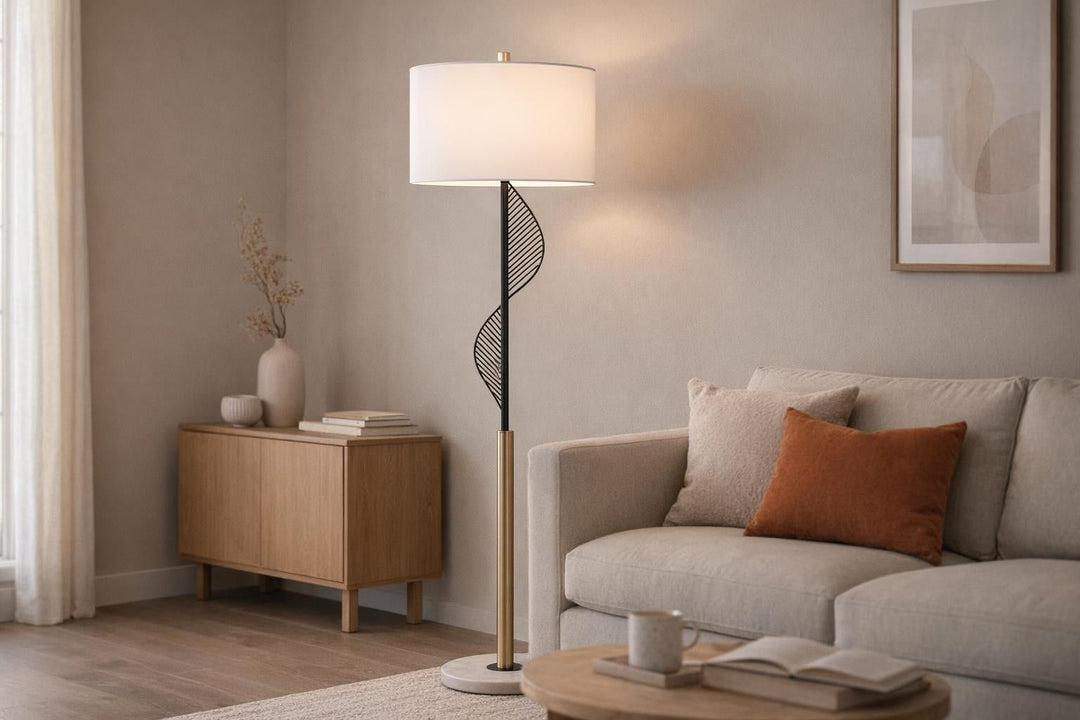 Spiral Radiance I Metal &amp; Marble Floor Lamp - Matte Black / Soft Gold
