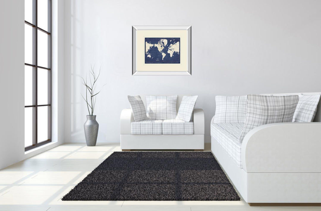 Blueprint World Map V2 By Sue Schlabach Mirrored Frame - Blue