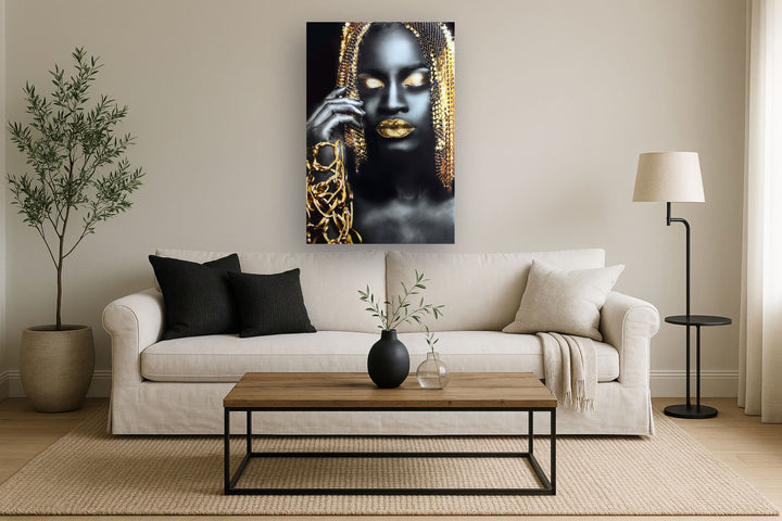 Temp Glass With Foil &amp; Rhinestones - Woman Gold Hair - Black