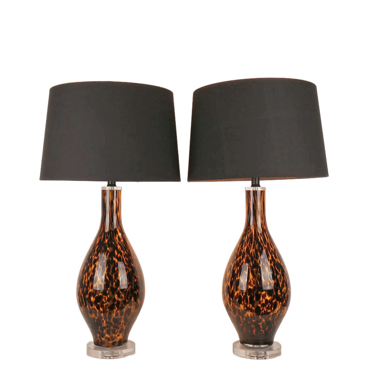 Speckled Glow Art Glass &amp; Crystal Table Lamp (Set of 2) - Black Speckled Amber Art Glass / Clear Crystal