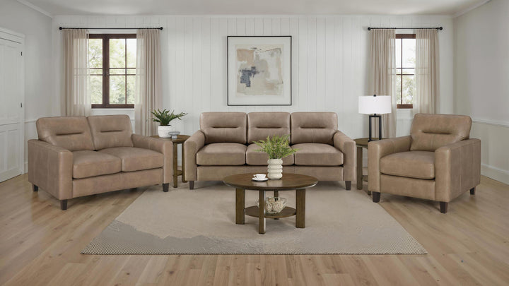 Scotland Faux Leather Upholstered Track Arm Loveseat Brown