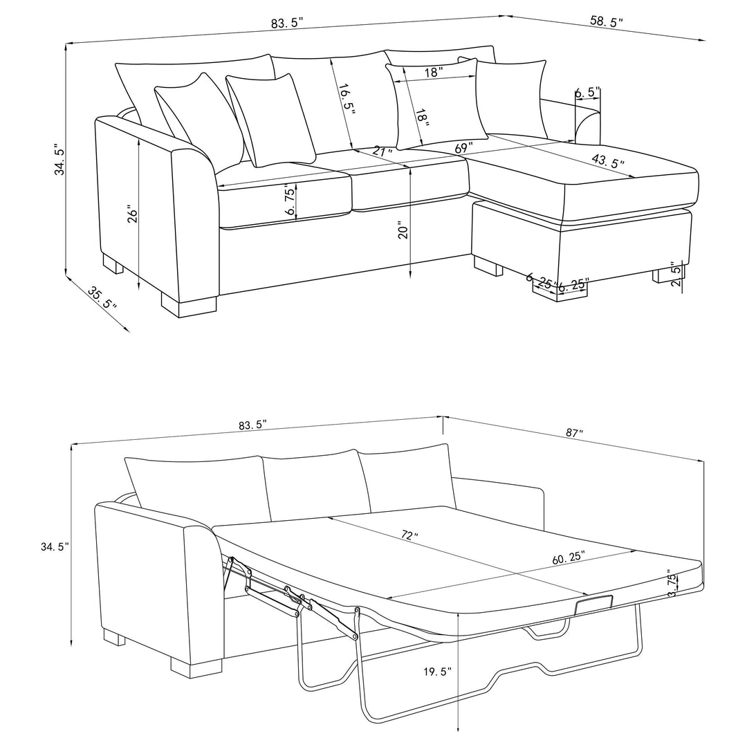 Storey Upholstered Sleeper Sectional Chaise Sofa Camel