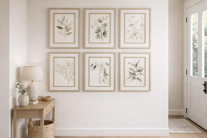 Quiet Botanical Print on Paper In Double Frame (Set of 6) - Beige / Green