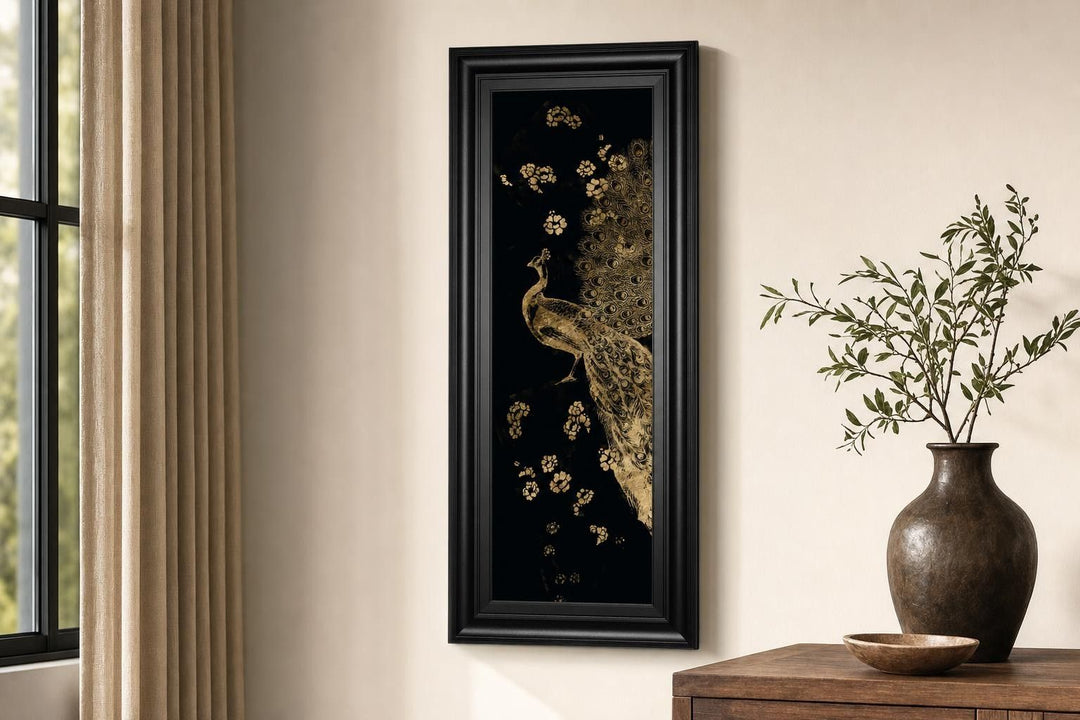 18x42 Gilded Peacock Triptych I By Jennifer Goldberger - Black