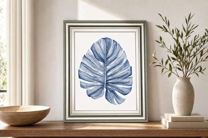 22x26 Indigo Tropical Leaves I By Megan Meagher - Blue